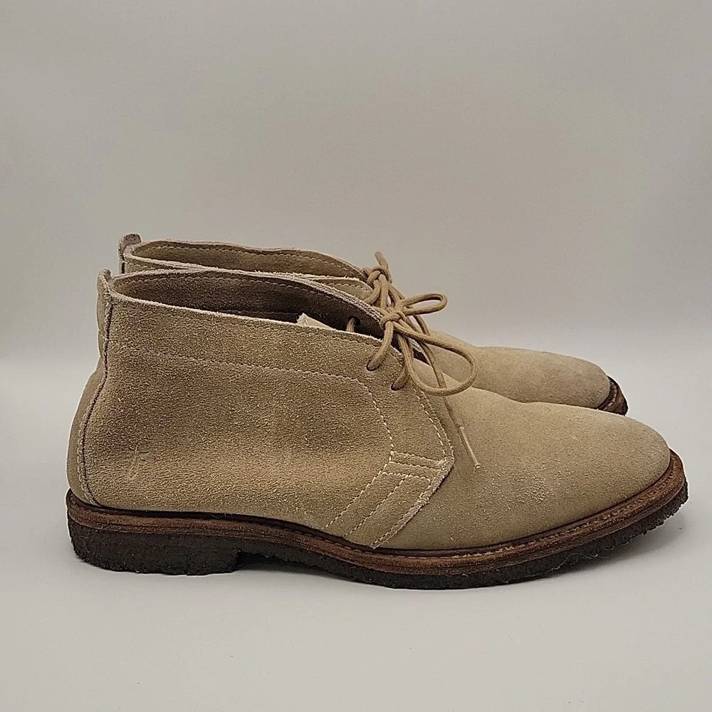 Frye Suede Chukka Boots Mens 8.5D Beige Tan Leather Sole Lace-Up Made Mexico